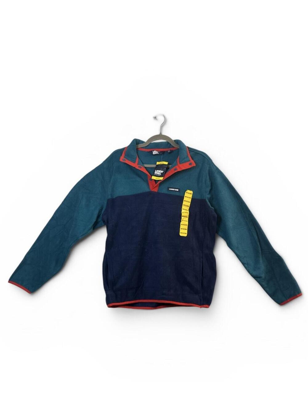 Lands’ End Men’s Medium Colorblock Snap Neck Fleece Pullover Teal Navy Red NWT